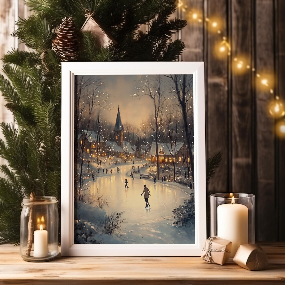 Village Ice Skating Pond Dusk Warm Cottages Church Spire Art Print - Image 2