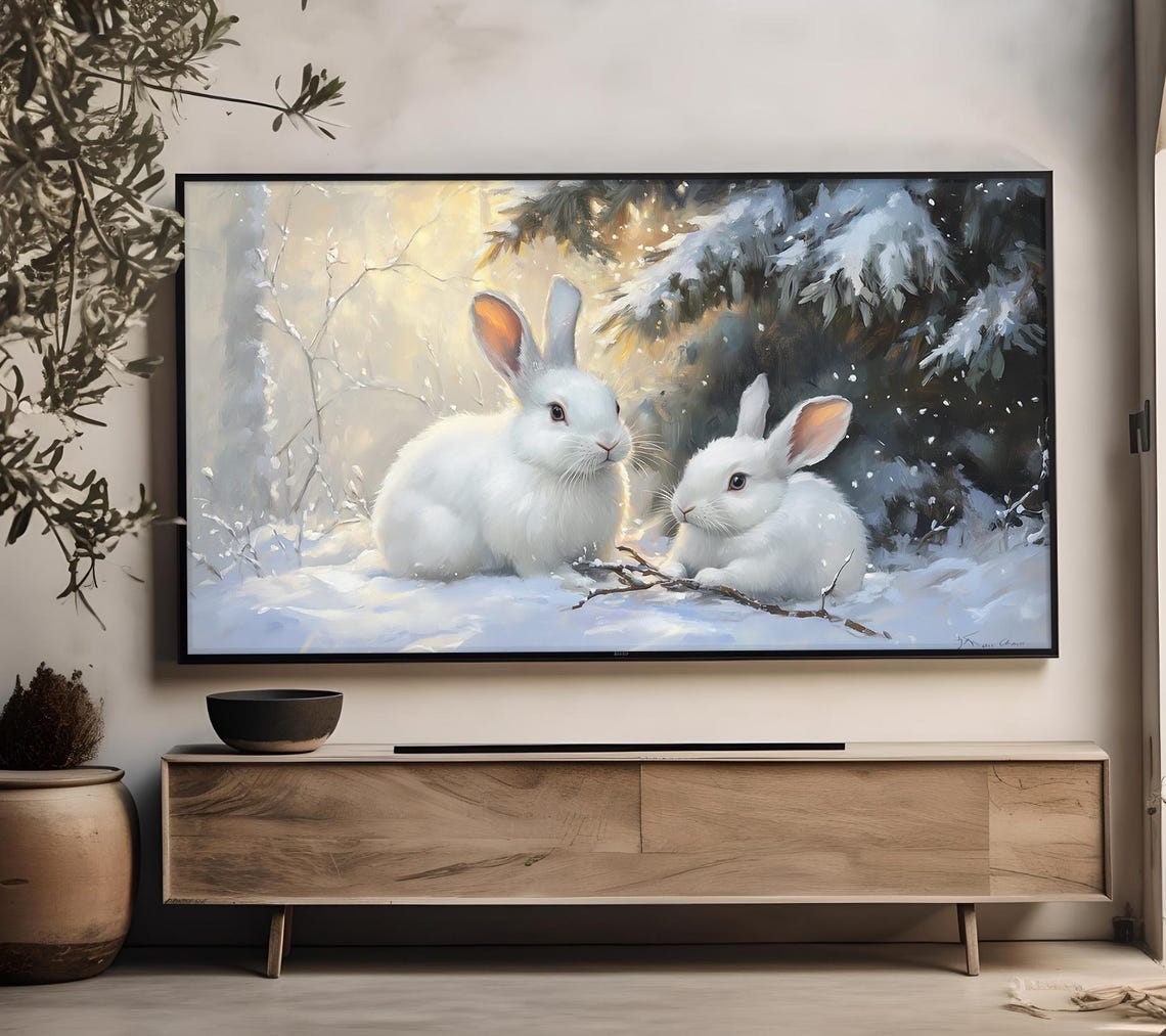 Two White Rabbits Snowy Pine Winter Glow Cute Vintage Animal Poster - Image 4