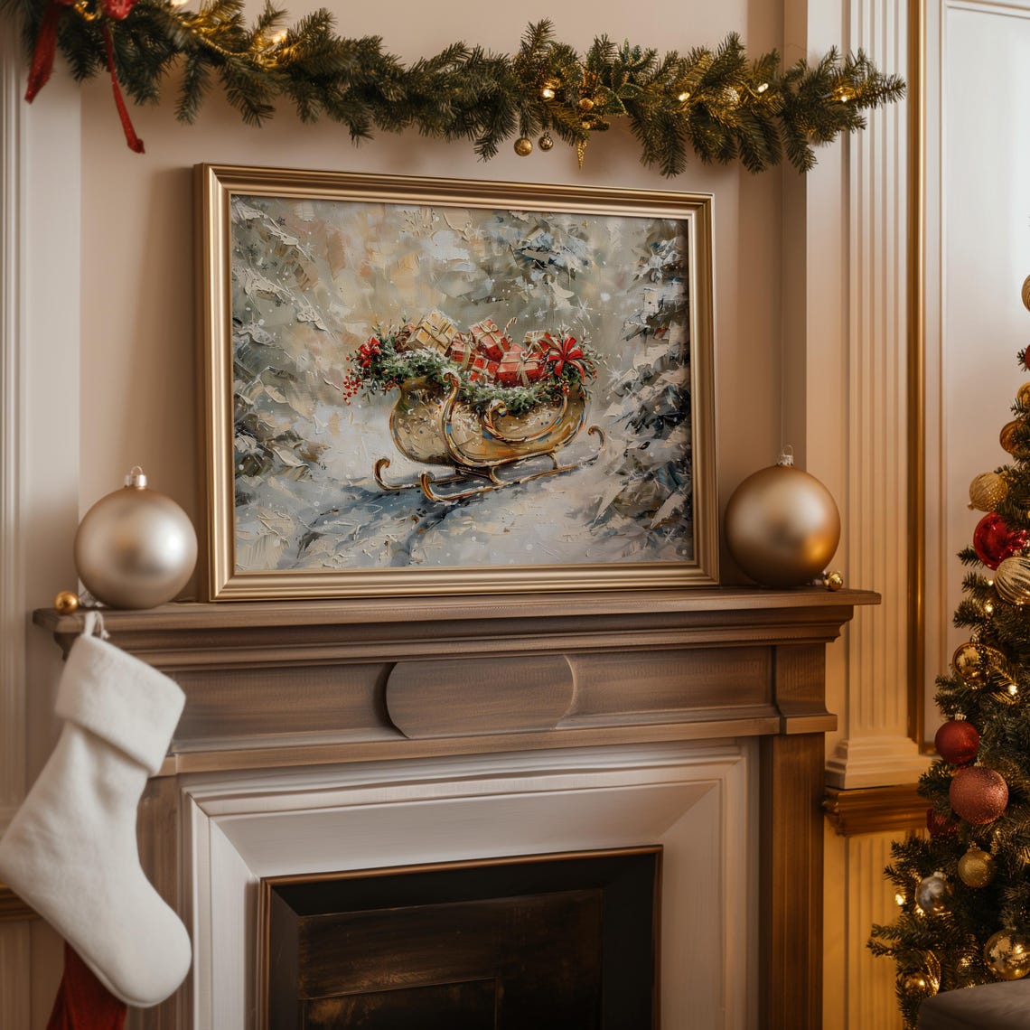 Golden Sleigh Full Of Gifts Snowy Forest Painterly Winter Print - Image 3