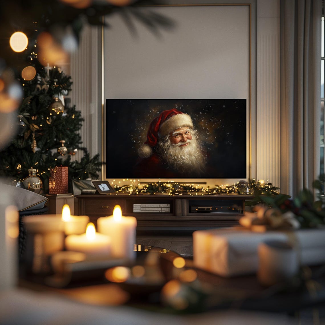 Moody Santa Claus Portrait Dark Background Snowflakes Art Print - Image 2