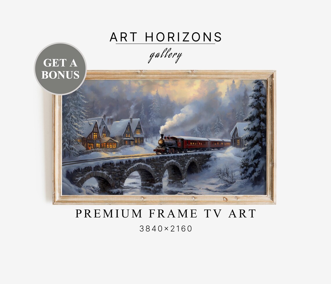 Red Steam Train Stone Bridge Snowy Village Dusk Winter Art Print