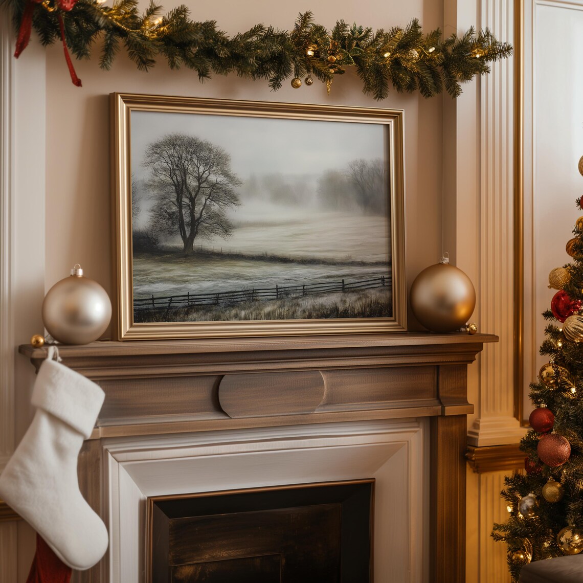 Misty Winter Field Fence Bare Trees Neutral Farmhouse Wall Art Poster - Image 2
