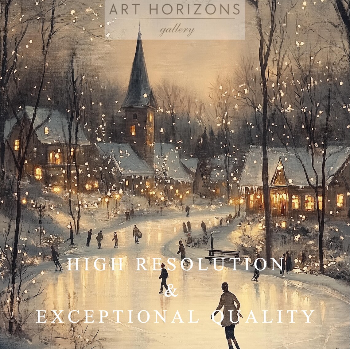 Village Ice Skating Pond Dusk Warm Cottages Church Spire Art Print - Image 3