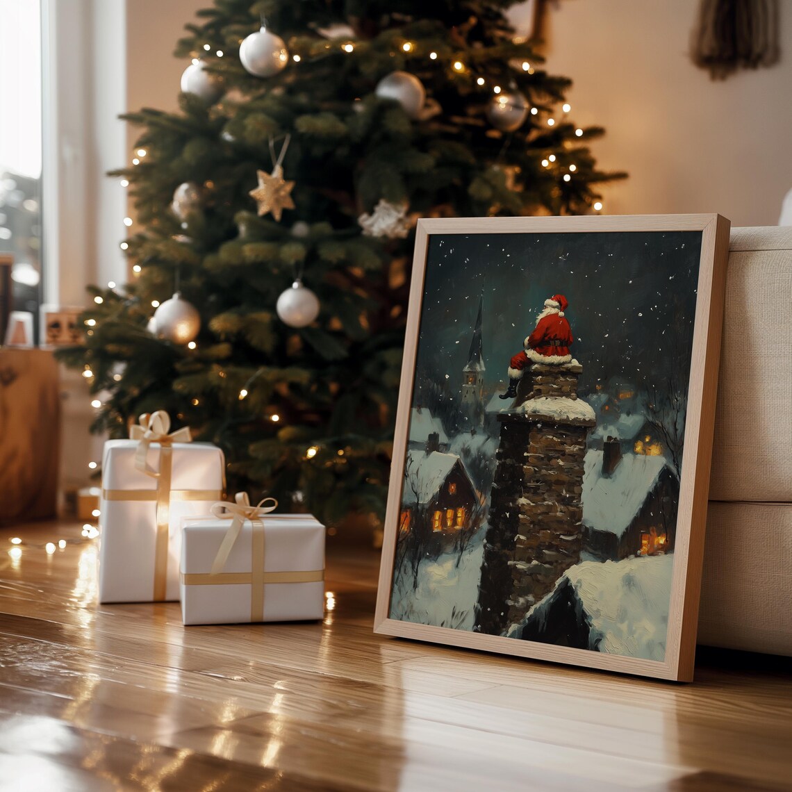 Santa On Chimney Night Snowy Village Rooftops Moonlight Poster - Image 4