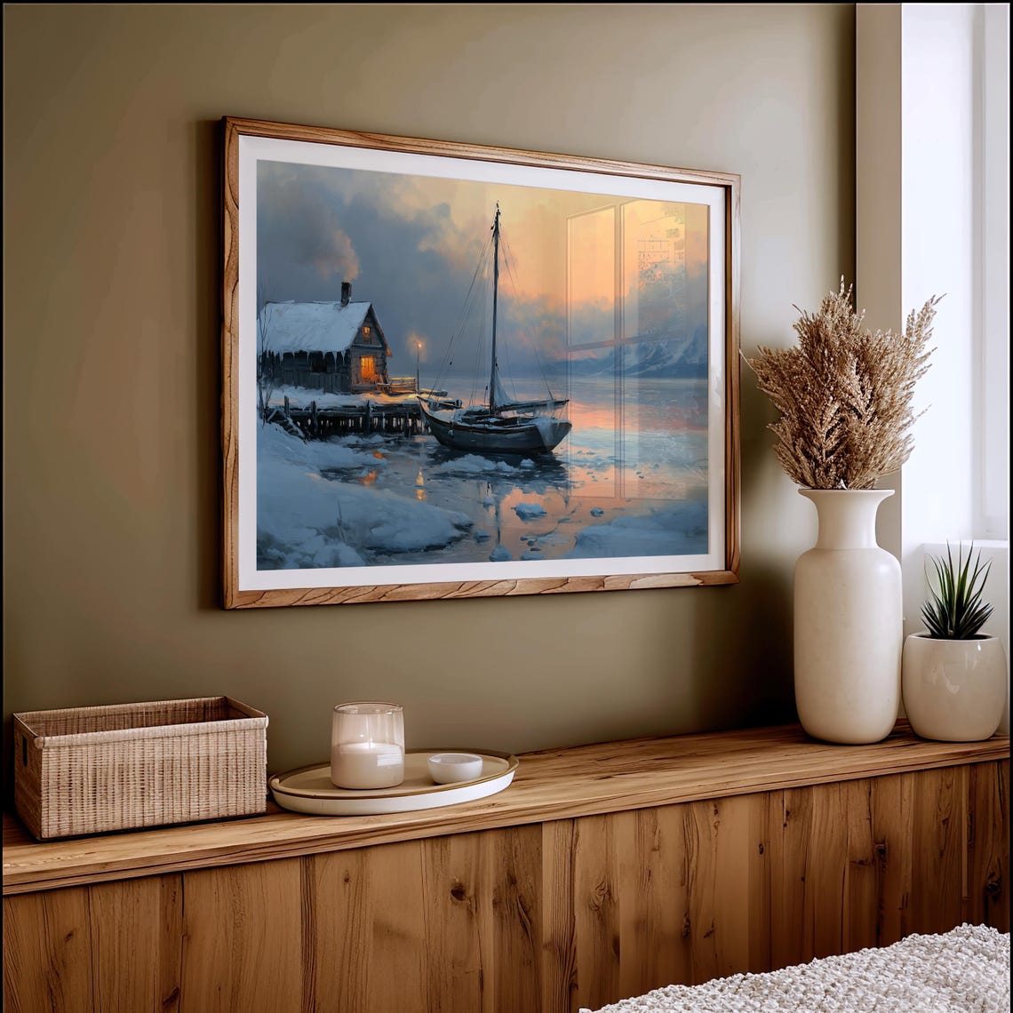 Snowy Winter Landscape Sailboat Print Ice Fishing Art Farmhouse Boat Oil Painting Lake House Coastal Decor Neutral A322 - Image 4