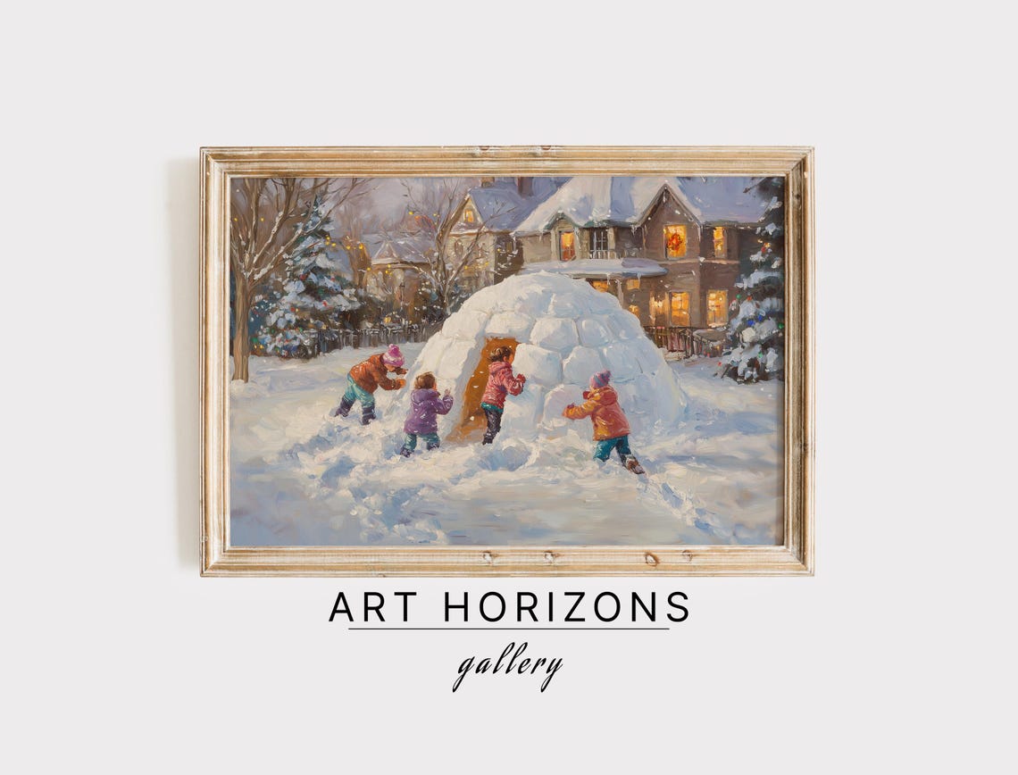 Children Building Snow Igloo Cozy House Winter Holiday Wall Art Print
