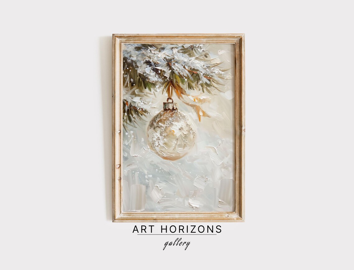 Silver Glass Christmas Ornament Snowy Pine Branch Neutral Art Poster