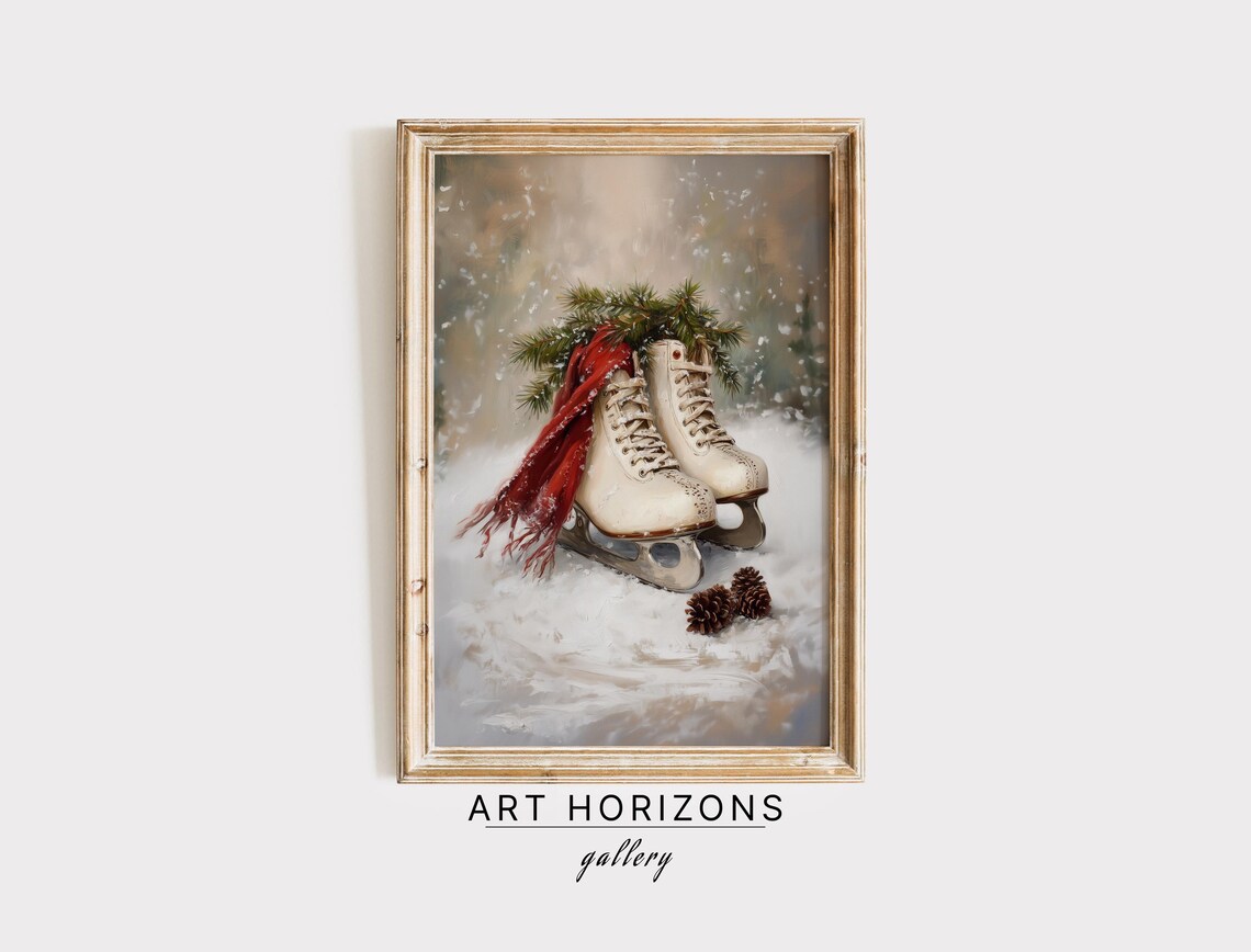 Christmas Ice Skates Vintage Neutral Winter Art Print
