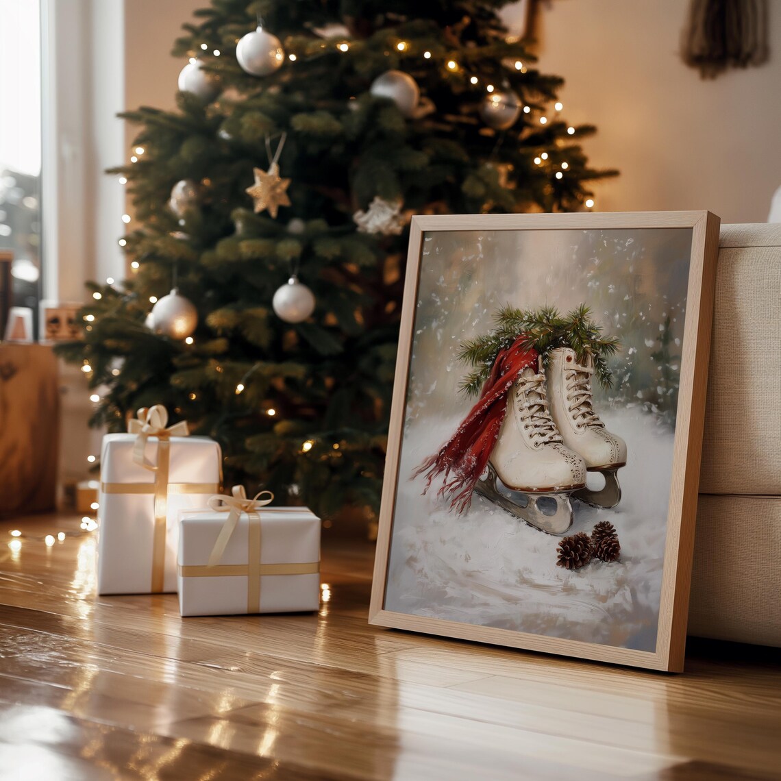 Christmas Ice Skates Vintage Neutral Winter Art Print - Image 3