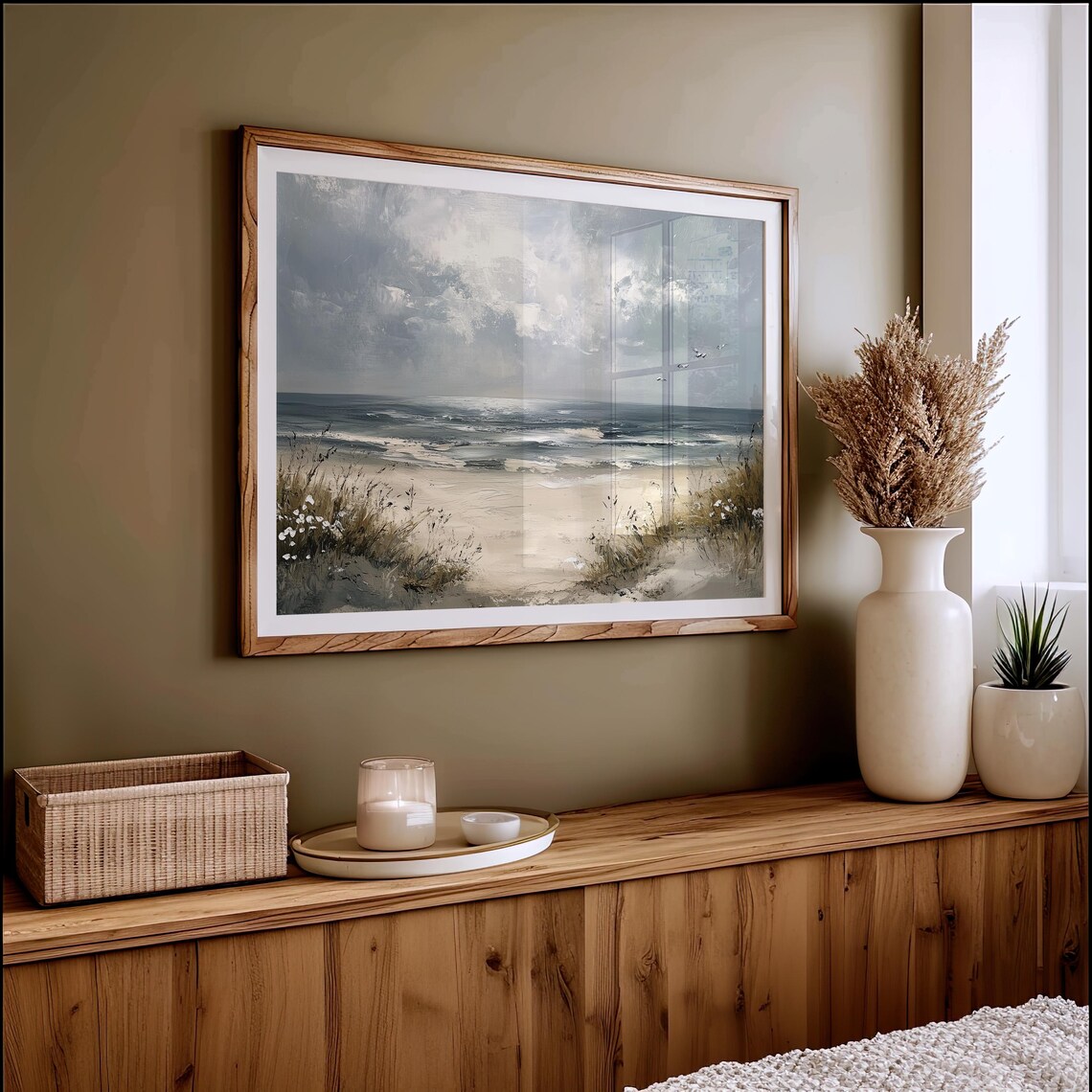 Serene Beach Dunes Seascape With Wildflowers Cloudy Sky Vintage Art Poster - Image 4