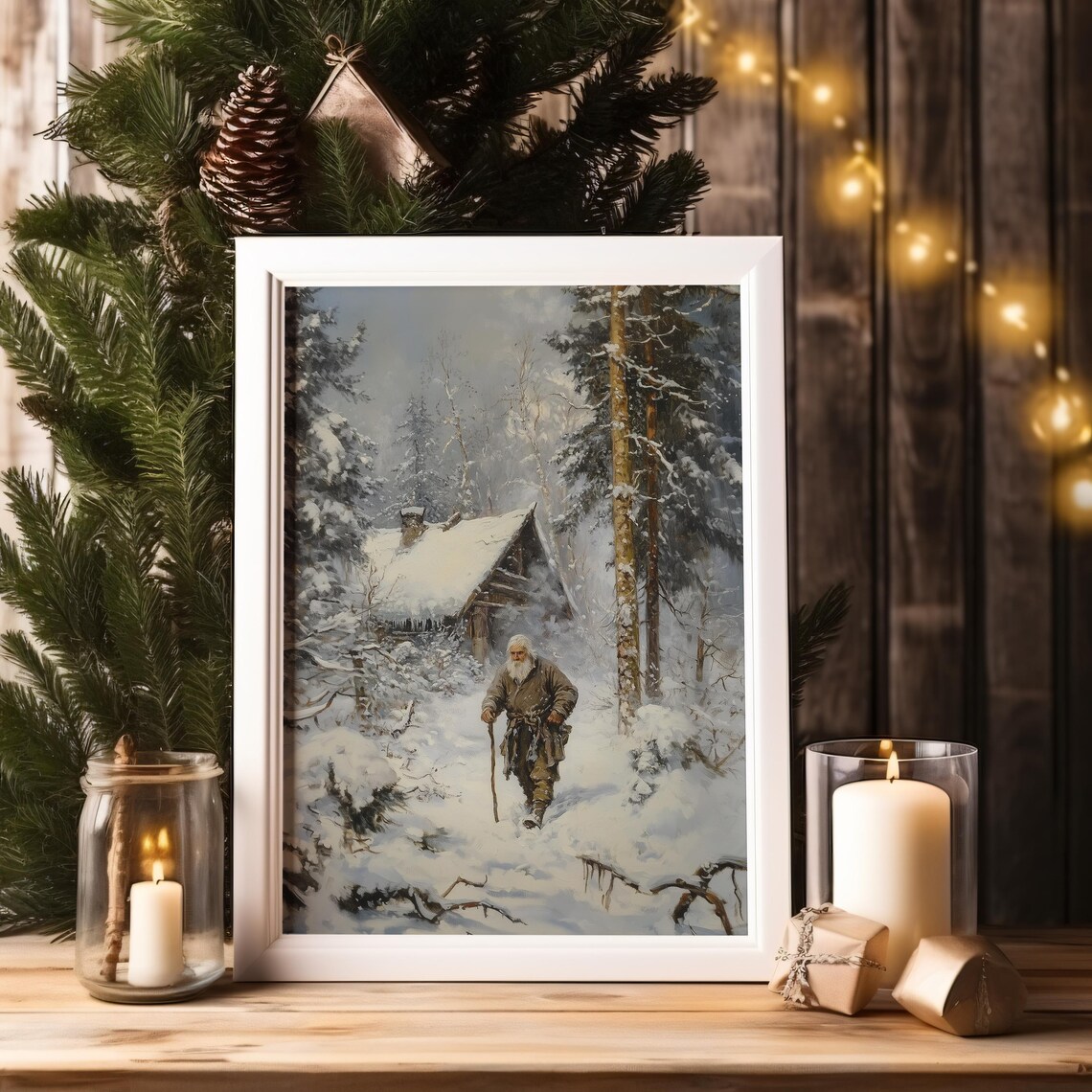 Old Man Winter Snowy Forest Path Vintage Victorian Oil Painting Poster - Image 2