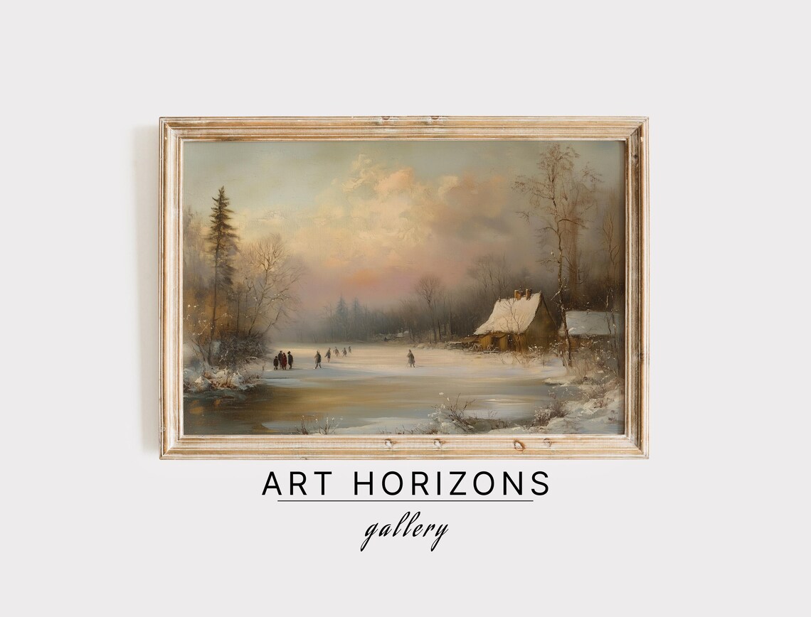 Vintage Winter Village Print Wall Art Victorian Christmas Prints Holiday Decor Frozen Lake River Landscape Oil Painting A307