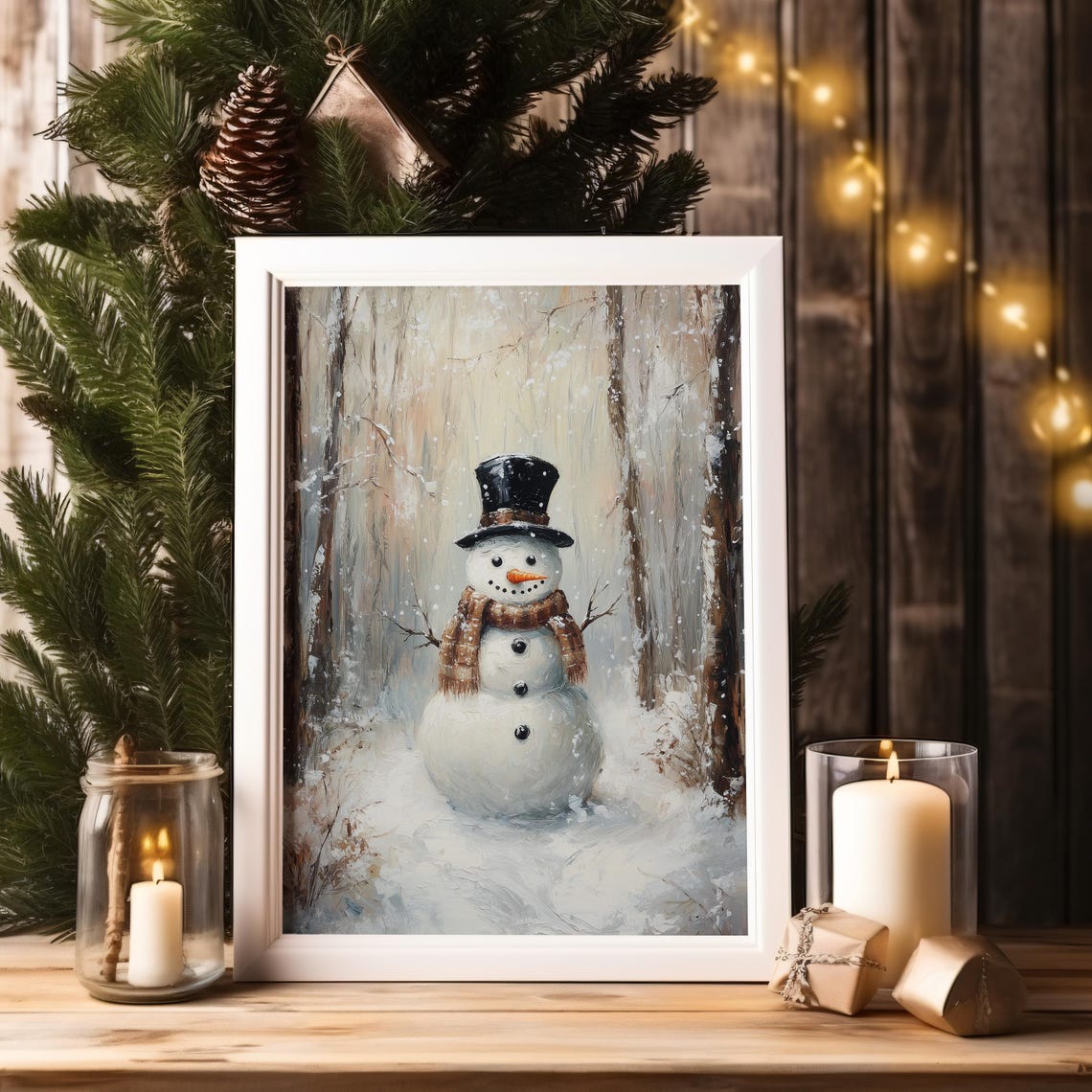 Vintage Snowman Oil Painting Snowy Wall Art Farmhouse Christmas Wall Art Winter Forest Snowman Print Antique Painting A121 - Image 4