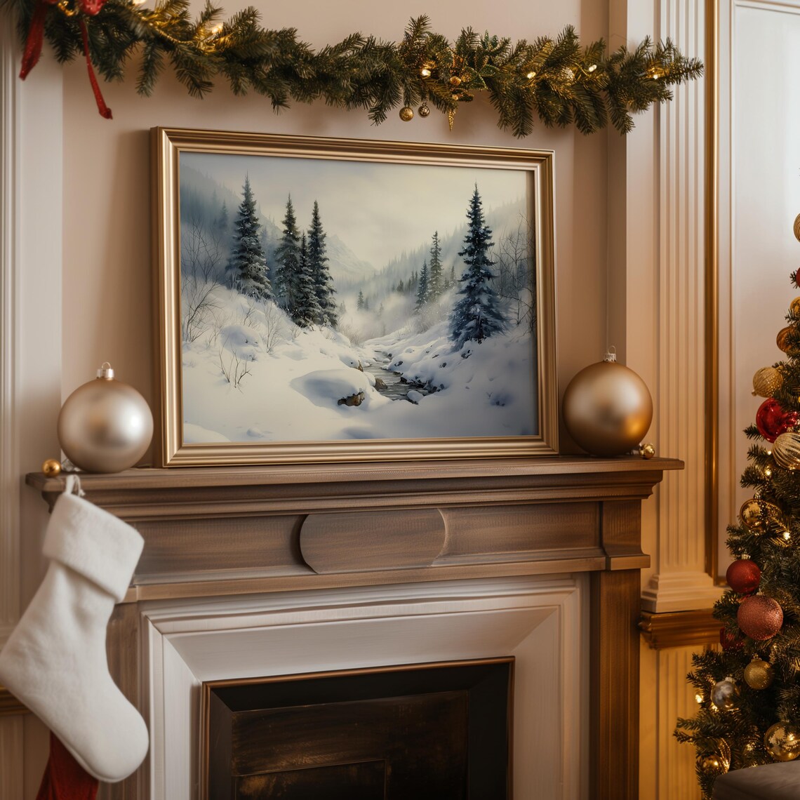 Snowy Winter Stream Misty Pine Forest Mountains Watercolor Poster - Image 4