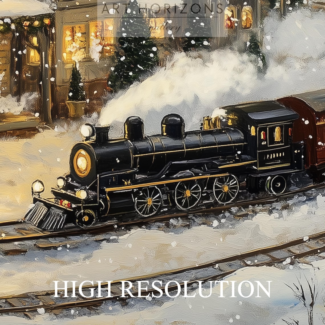 Vintage Steam Train Snowy Village Night Christmas Lights Poster - Image 3