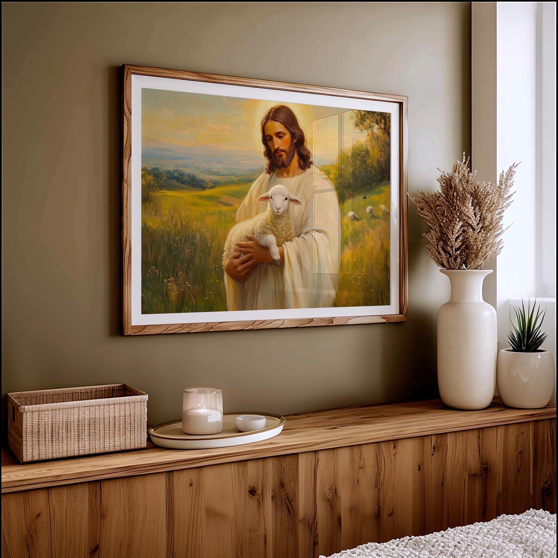 Jesus Good Shepherd Holding Lamb Golden Field Easter Christian Art Poster - Image 2