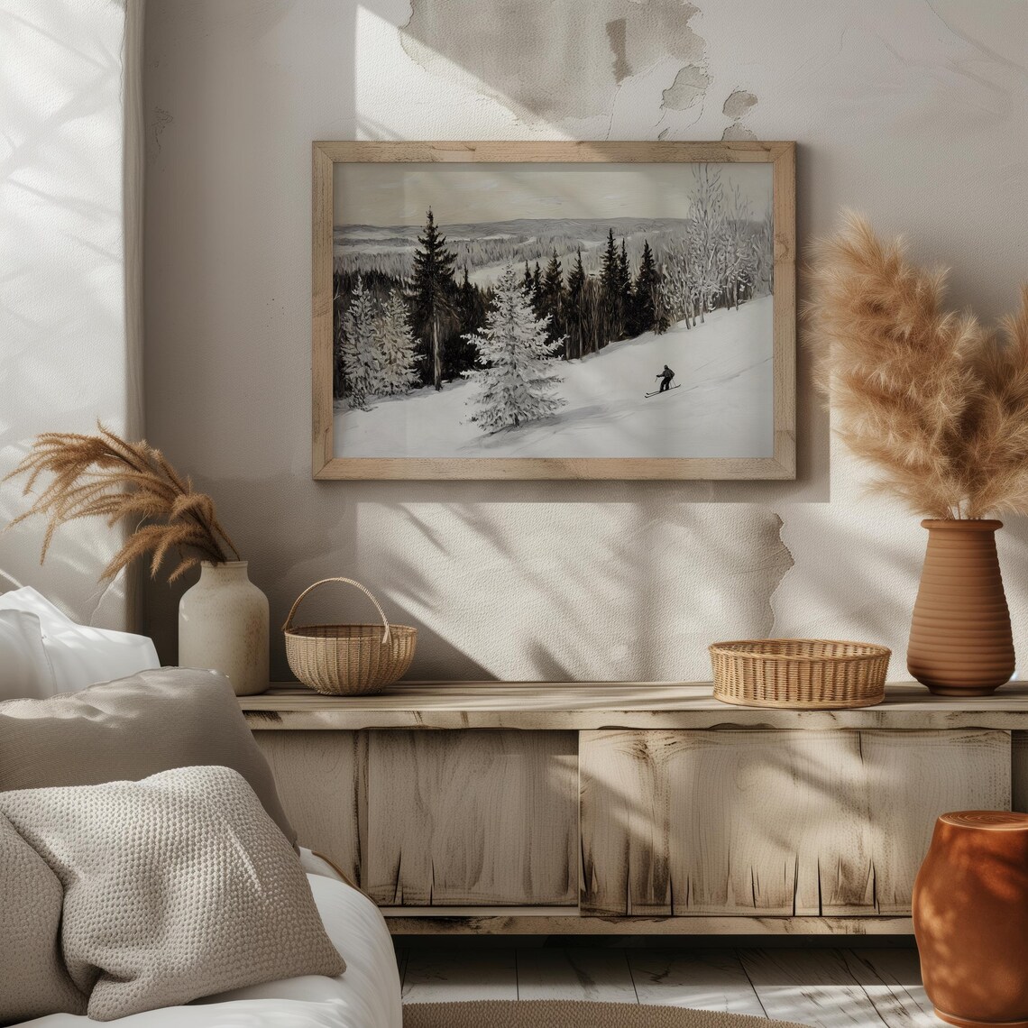 Snowy Winter Landscape Art Print Skier Abstract Oil Painting Vintage Nordic Farmhouse Art Wall Art A197 - Image 2