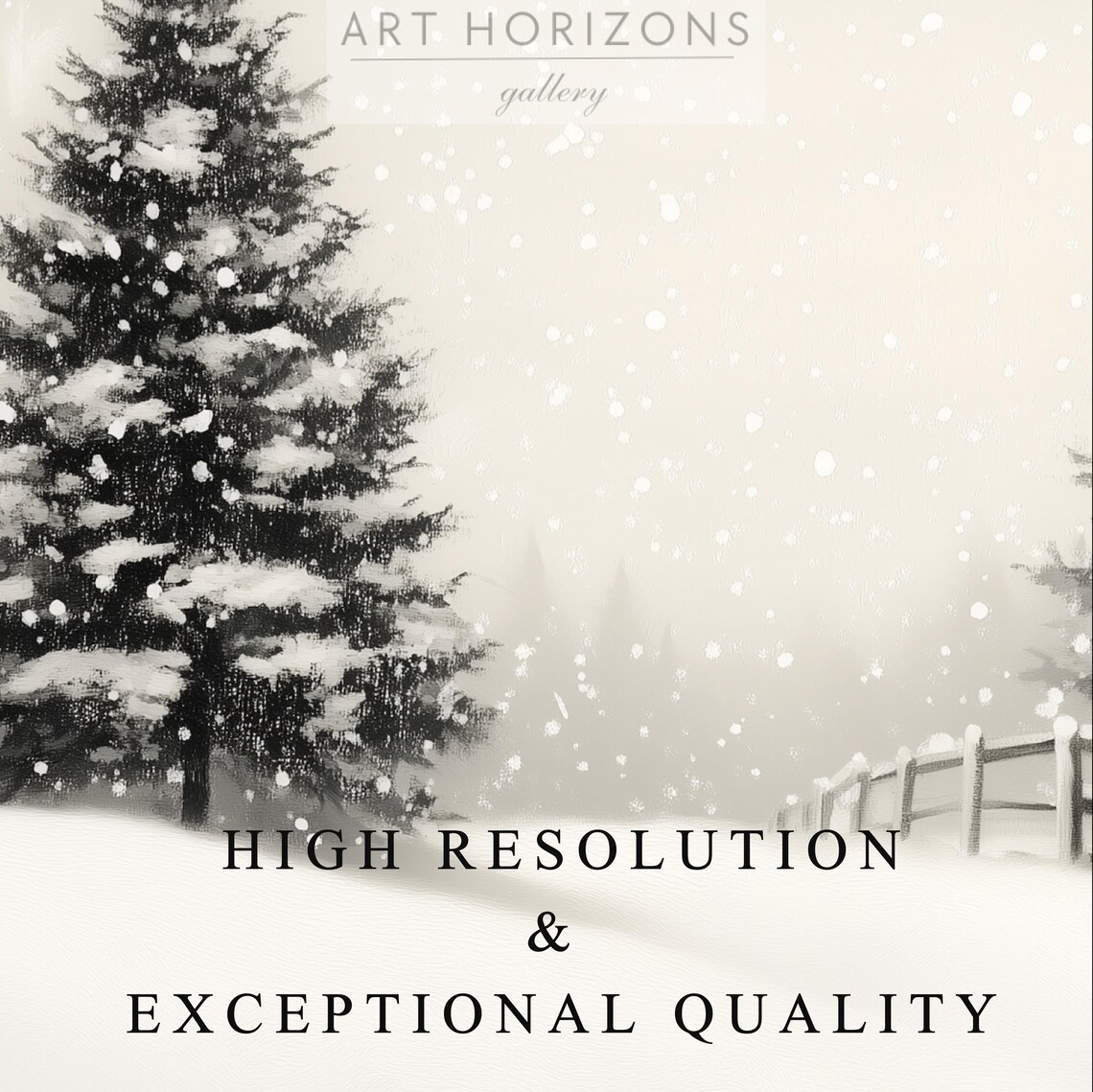 Snowy Pines Split Rail Fence Falling Snow Monochrome Winter Art Poster - Image 3