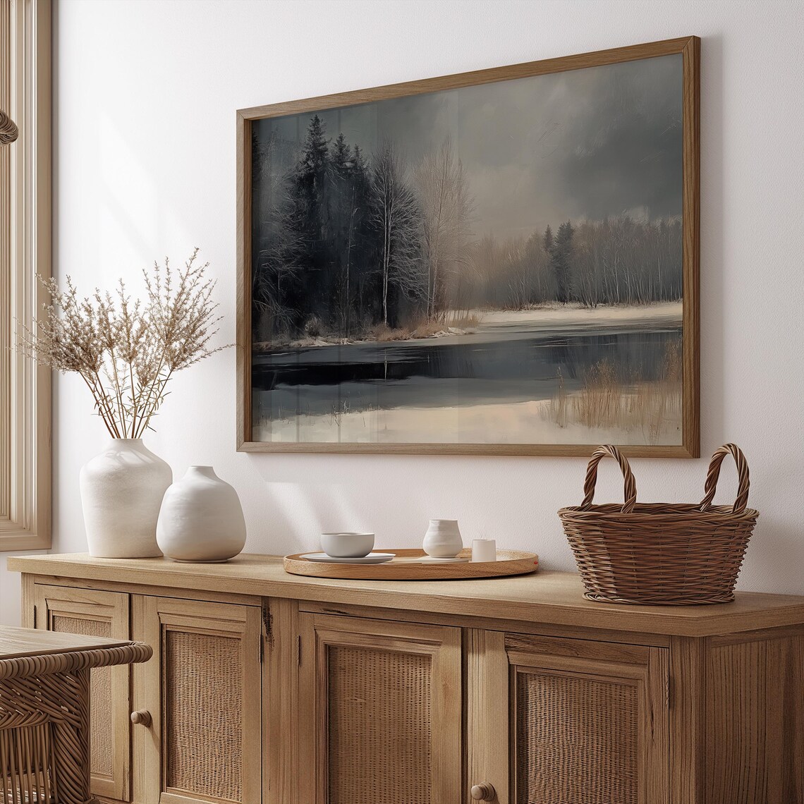 Dark Moody Winter Forest By A Frozen Lake Oil Painting Poster - Image 4
