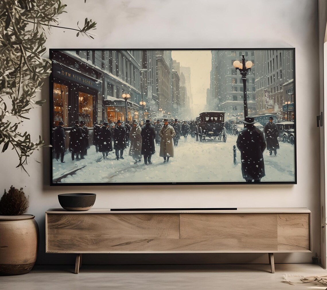 Vintage New York City Snowy Street Crowd Lampposts Frame TV Art Print - Image 4