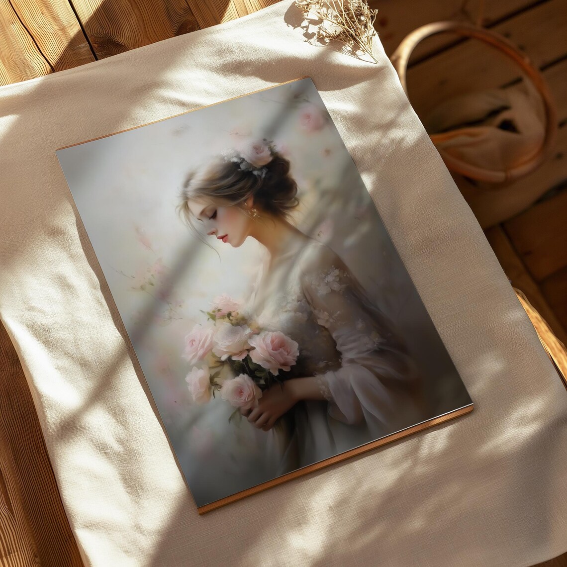 Romantic Woman Holding Pink Roses Soft Portrait In Blush Tones Poster - Image 2