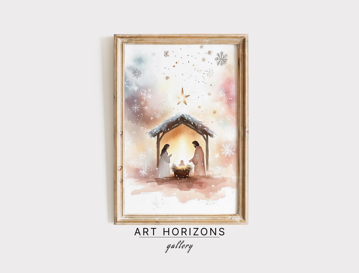 Nativity Scene Birth of Jesus Starry Snow Watercolor Christmas Print