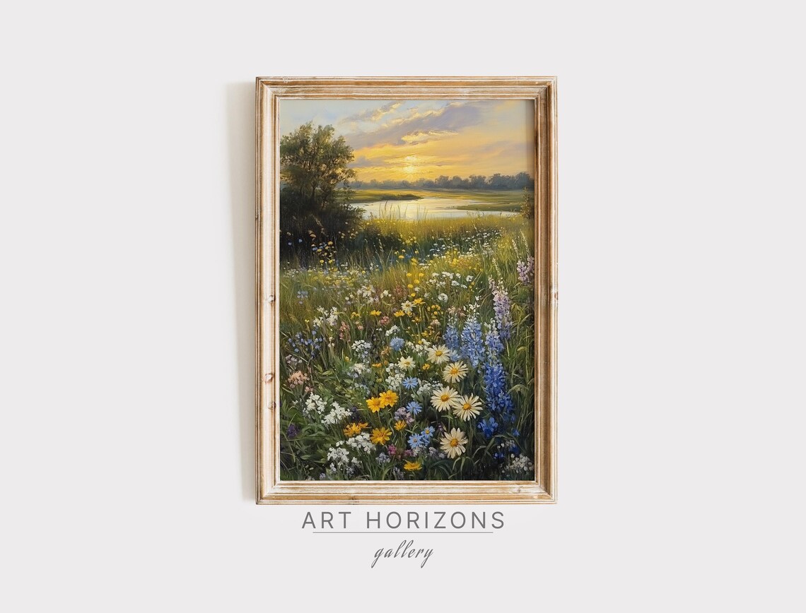 Wildflower Meadow Lake Sunset Vintage Pastel Spring Landscape Poster