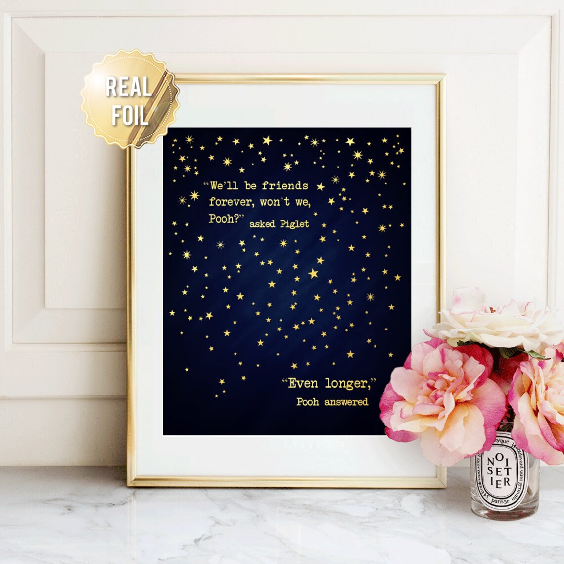 Winnie The Pooh Friends Forever Quote Gold Starry Night Art Print - Image 3