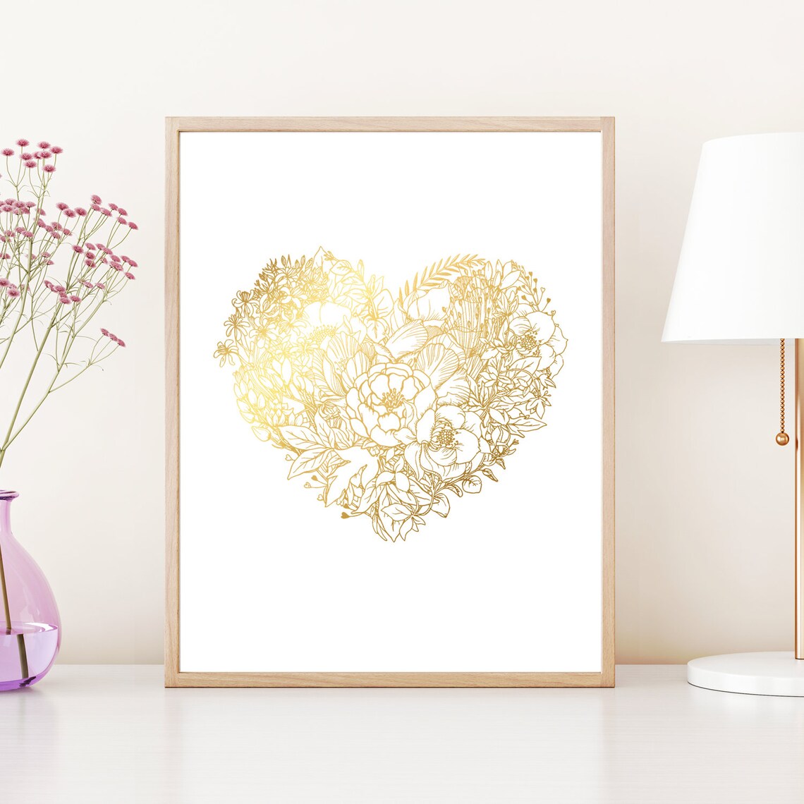 Gold Heart Foil Floral Art Print, Teen Glam Decor - Image 4