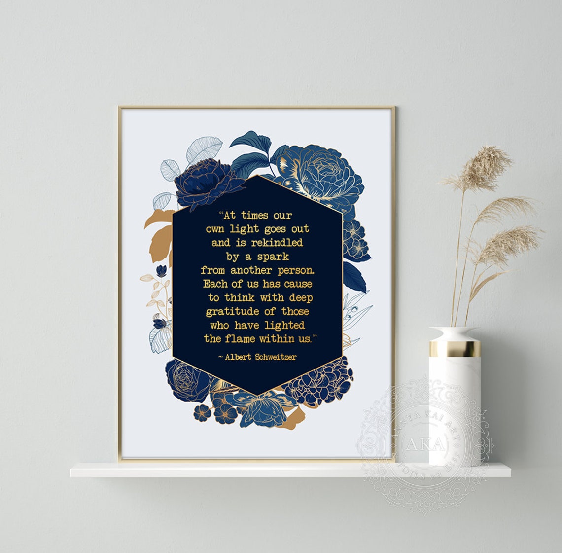Albert Schweitzer Gratitude Quote Navy Floral Gold Thank You Art Print - Image 4