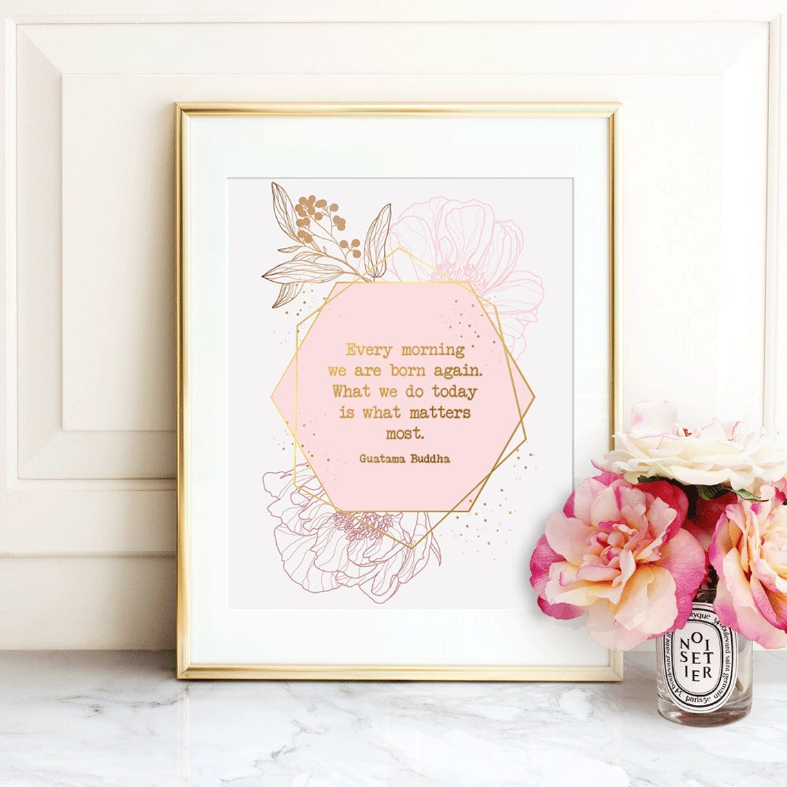 Buddha Every Morning Born Again Quote Pink Floral Geometric Wall Art - Image 4