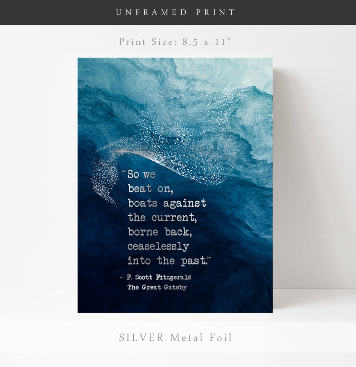 So We Beat On Great Gatsby Quote Blue Watercolor Literary Wall Poster - Image 2