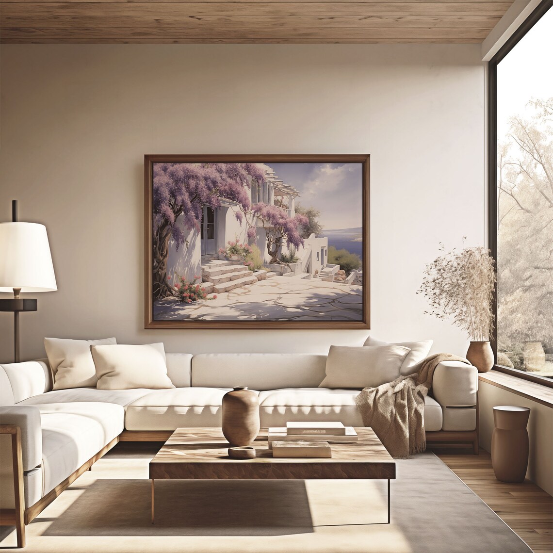 Whitewashed Greek House With Purple Wisteria Overlooking Sea Wall Art - Image 4