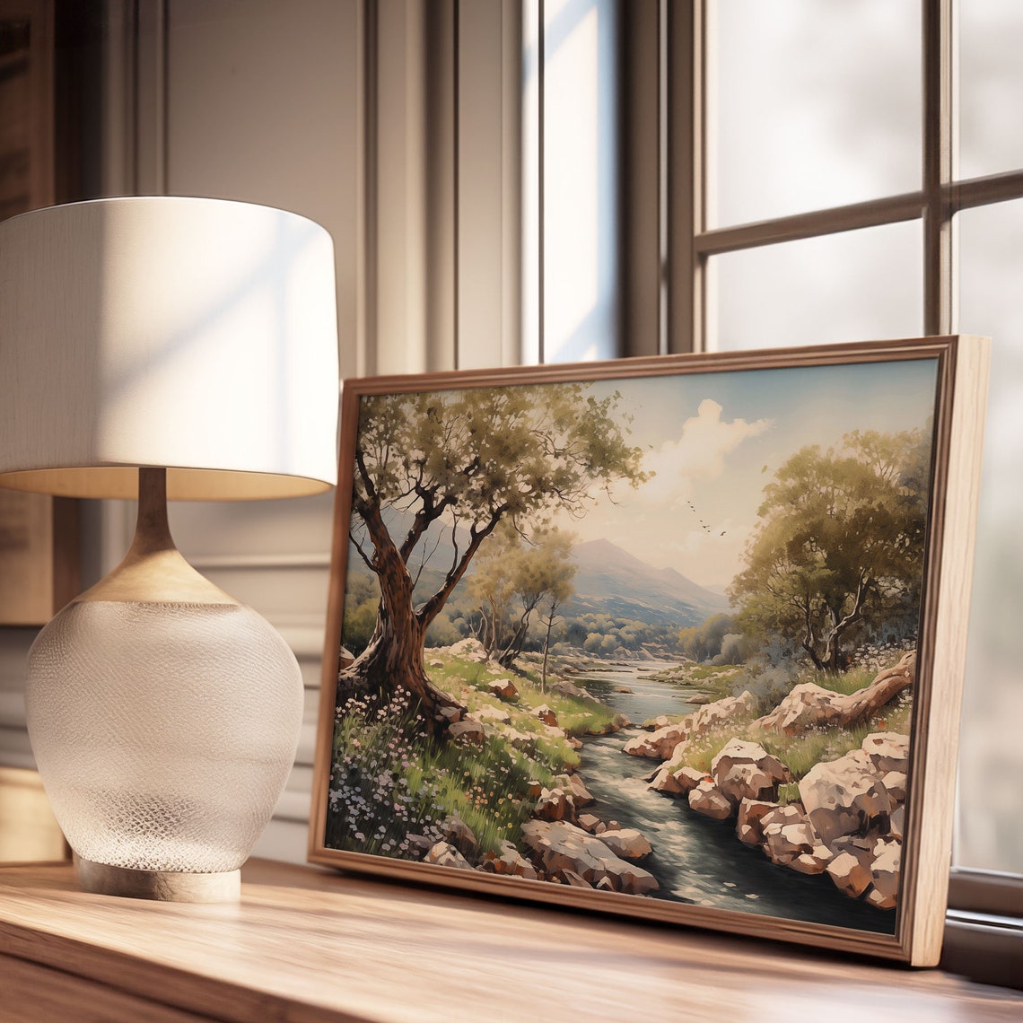 Countryside Rocky Riverbed Stream Olive Trees Distant Peaks Poster - Image 3