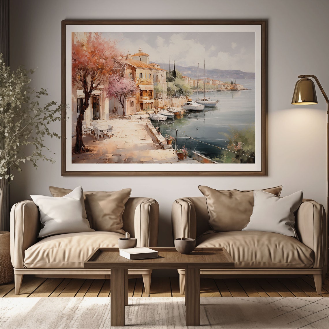 Seaside Harbor Village Sailboats Blooming Trees Waterfront Poster - Image 2