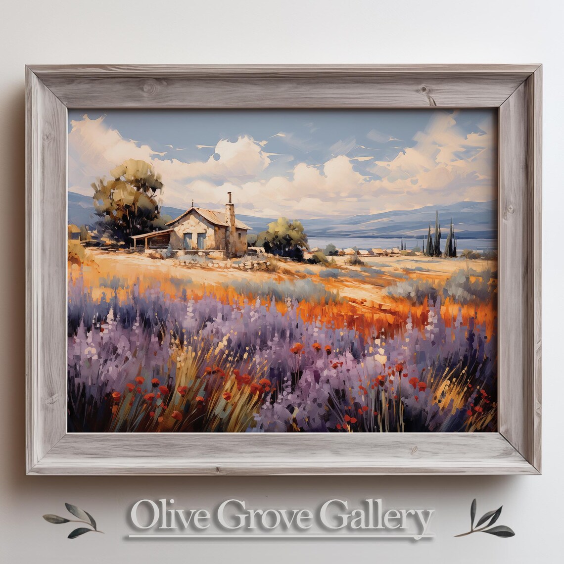 Country Farmhouse In A Lavender Field By A Lake Vintage Poster
