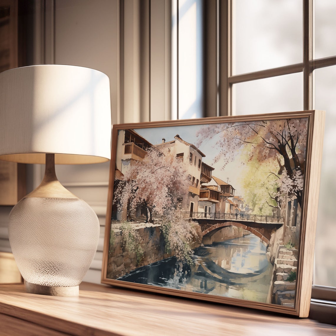 Springtime Stone Bridge Canal Old Town Cherry Blossom Scene Poster - Image 3