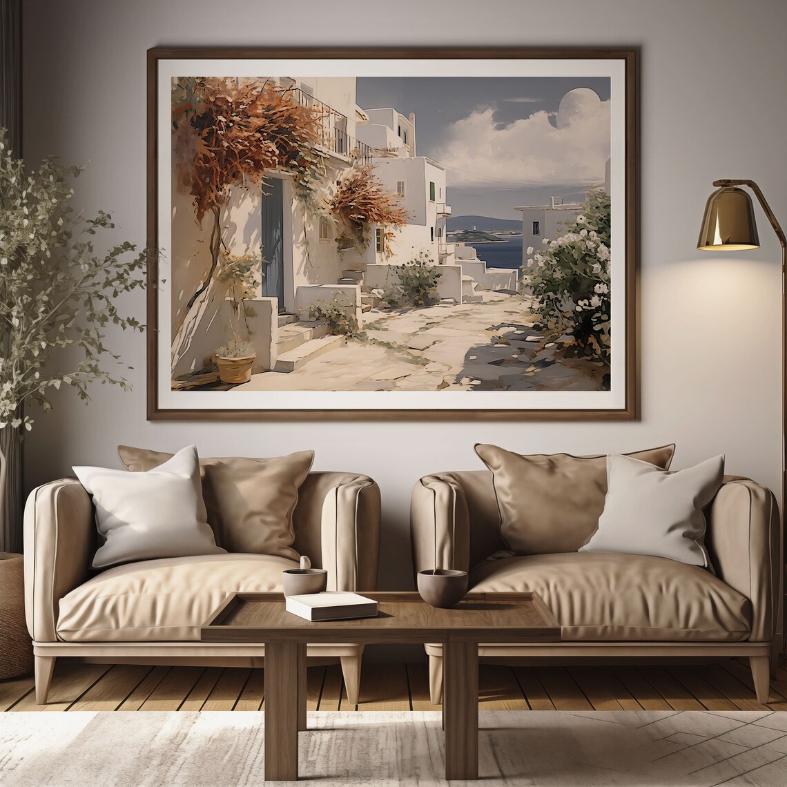 Greek Island Alley Flowering Bushes Sea View Oil Painting Poster - Image 2