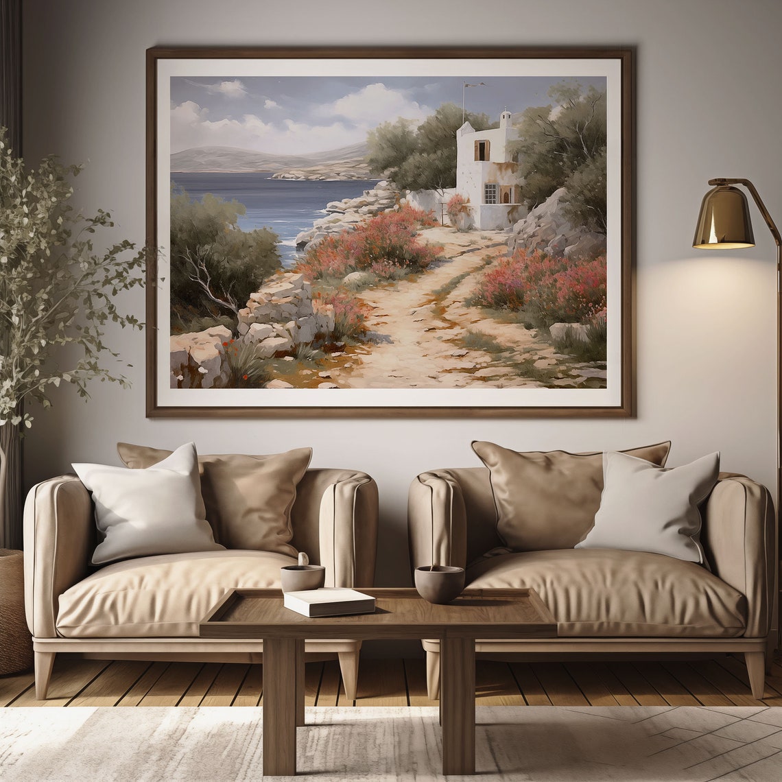 White Coastal Cottage Painting Flag Rocky Path Flower Sea Poster - Image 3