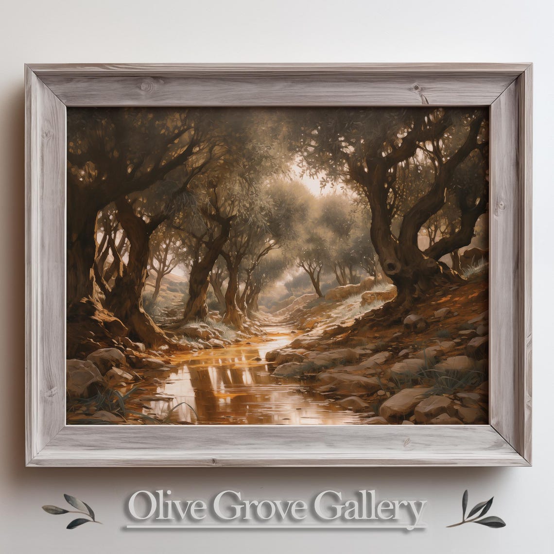 Serene Olive Grove With Reflective Stream Peaceful Mediterranean Landscape Rustic Nature Wall Art Warm Countryside Home Decor