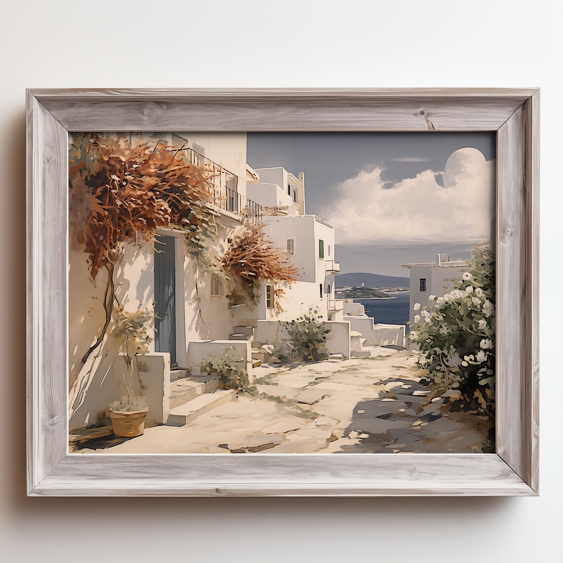 Greek Island Alley Flowering Bushes Sea View Oil Painting Poster