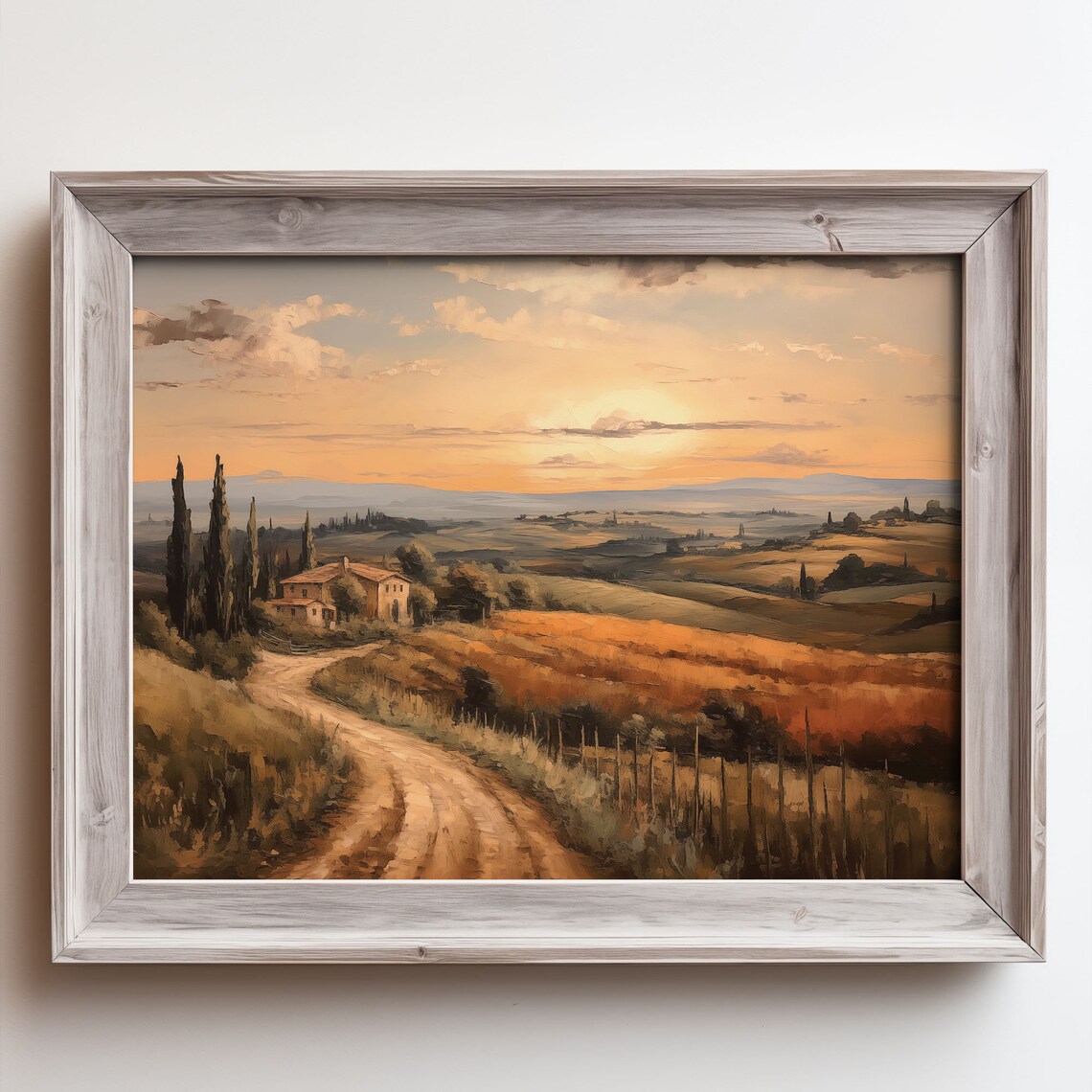 Tuscan Sunset Farmhouse Cypress Dirt Road Autumn Fields Oil Painting Poster