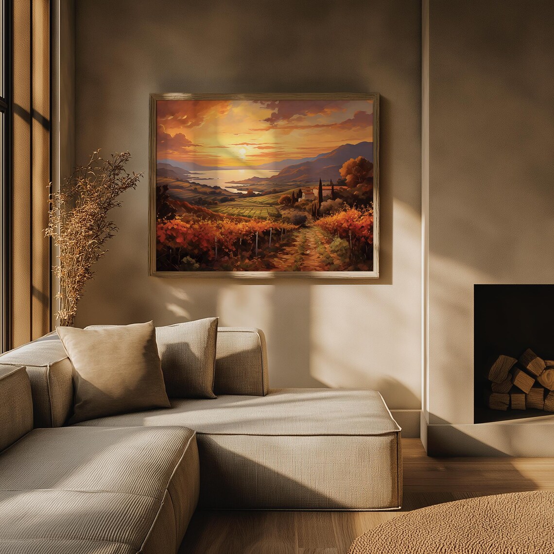 Sunset Over Vineyard Rows With Lake And Farmhouse Vintage Poster - Image 3