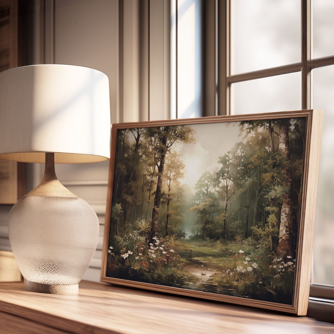 Sunlit Forest Wildflower Path Soft Green Woodland Oil Painting Poster - Image 3