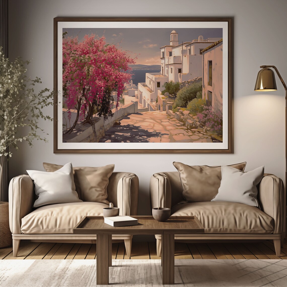 Greek Whitewashed Village Street Bougainvillea Sea Church Poster - Image 2