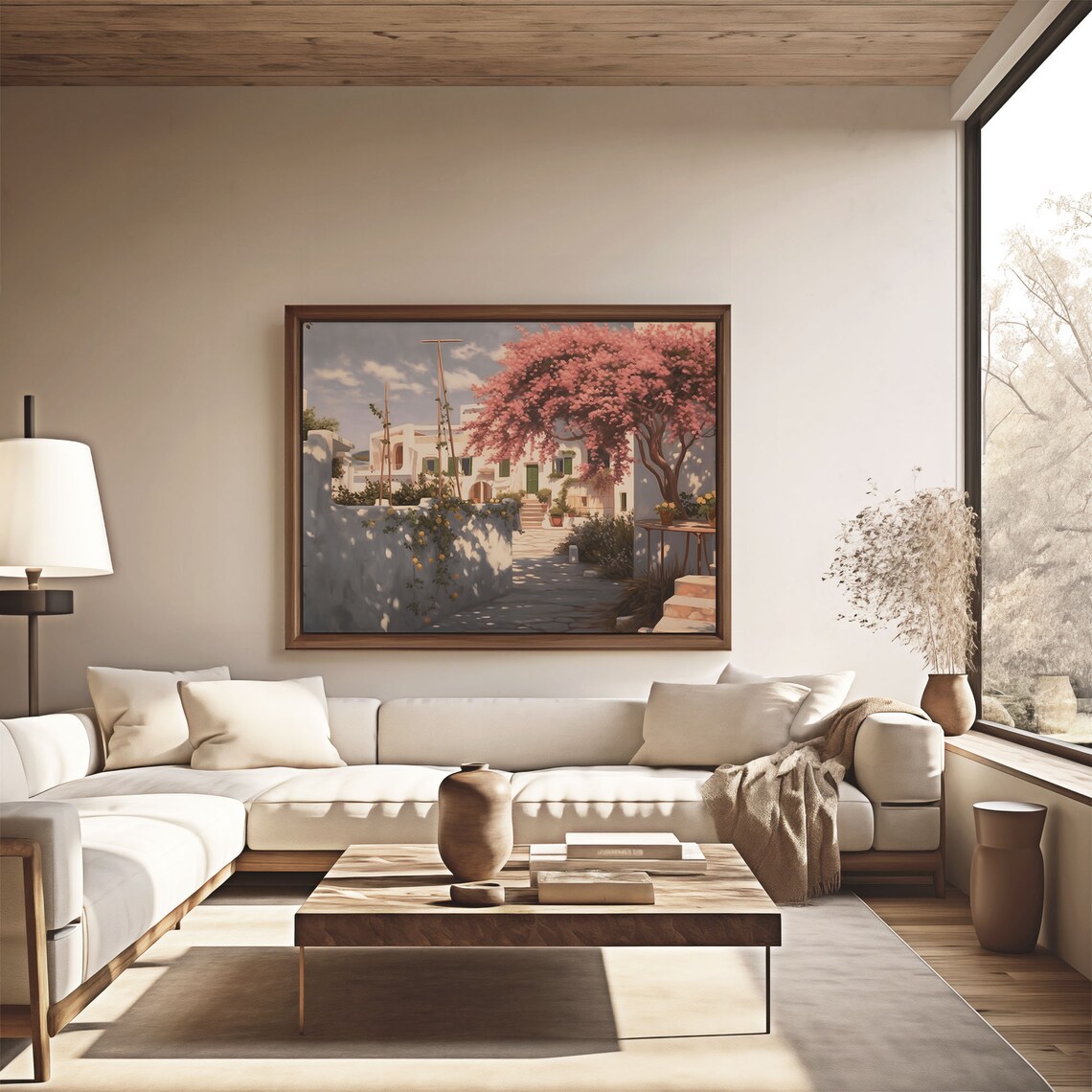 Sunny Whitewashed Courtyard with Pink Flowering Tree Oil Painting Poster - Image 4