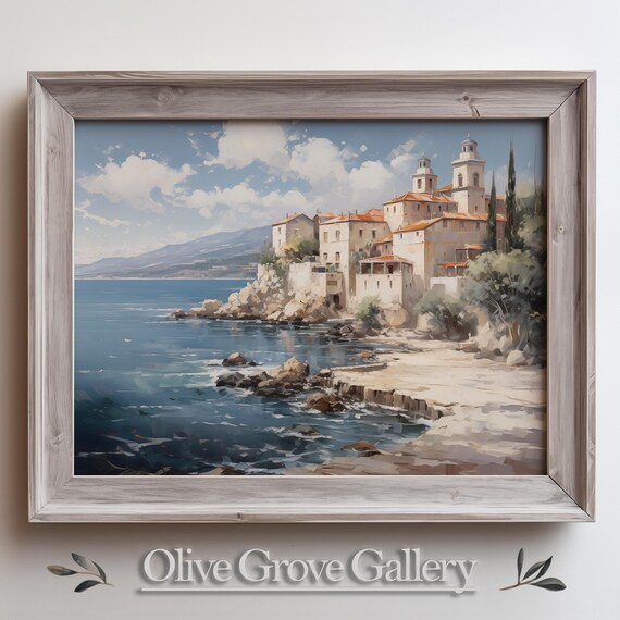 Seaside Village On Rocky Coast With Church Towers And Blue Sea Poster