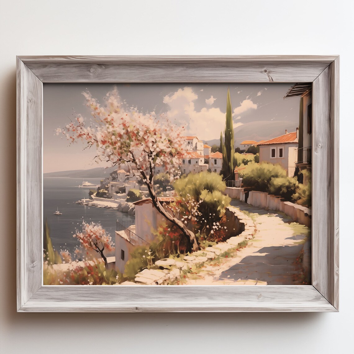 Mediterranean Coastal Fishing Village Sunset Harbor Golden Sky Poster