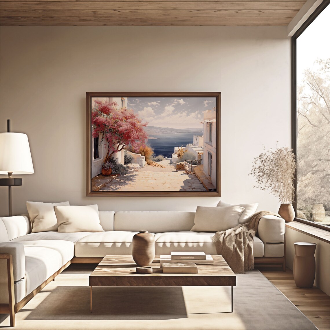 Whitewashed Village Street Sea View Pink Blossom Tree Oil Painting Poster - Image 4