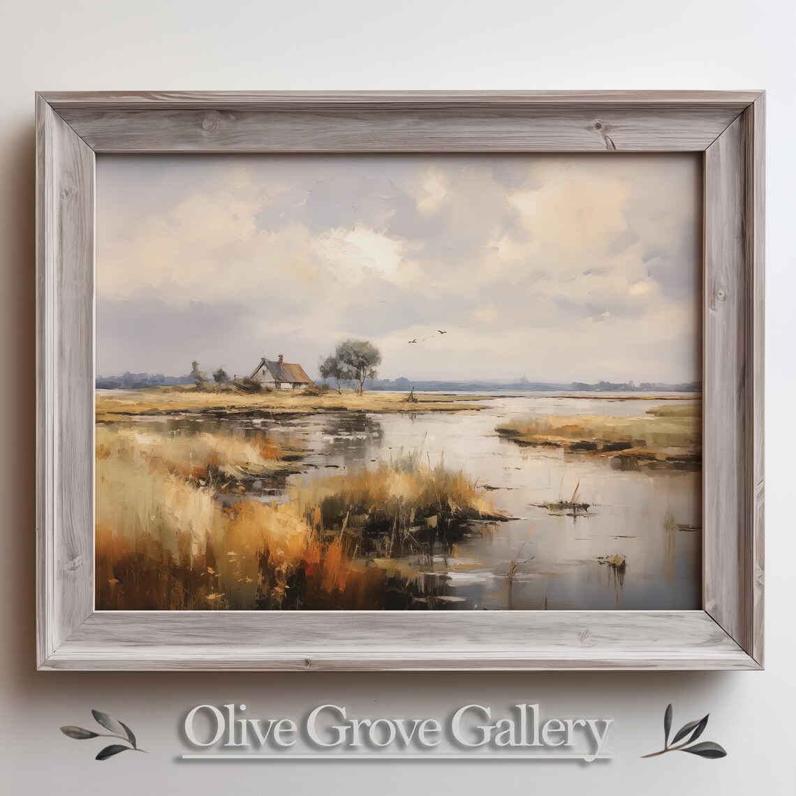 Marsh Wetlands Cottage Reeds Birds Cloudy Sky Oil Painting Poster
